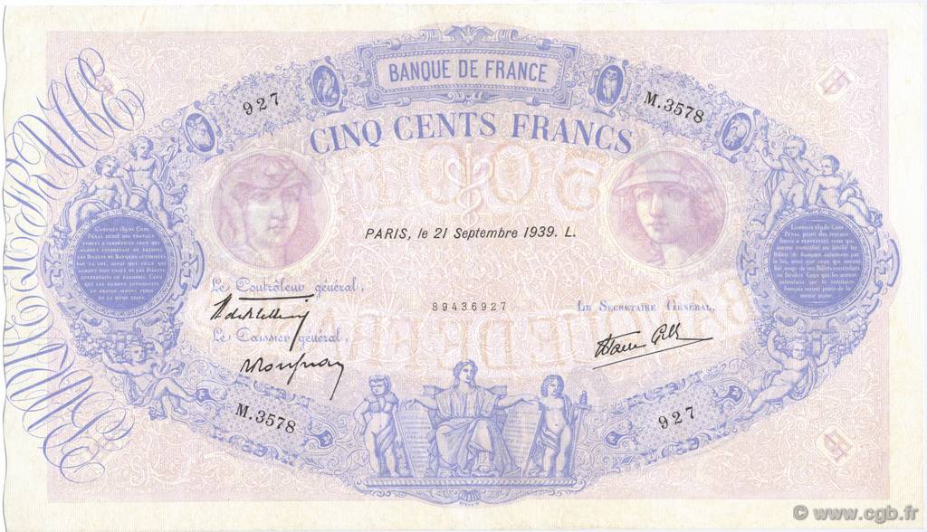 500 Francs BLEU ET ROSE type modifié FRANCE  1939 F.31.40 XF+