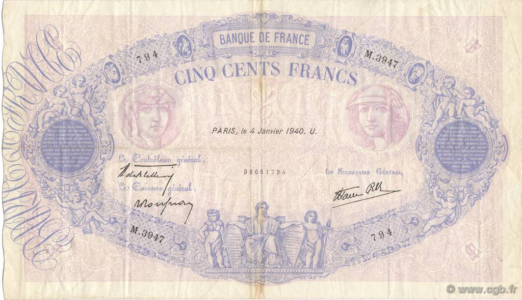 500 Francs BLEU ET ROSE type modifié FRANCIA  1940 F.31.55 MBC