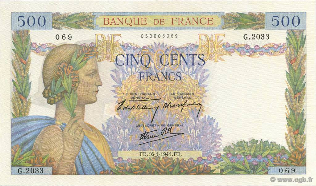 500 Francs LA PAIX FRANCE  1941 F.32.13 UNC