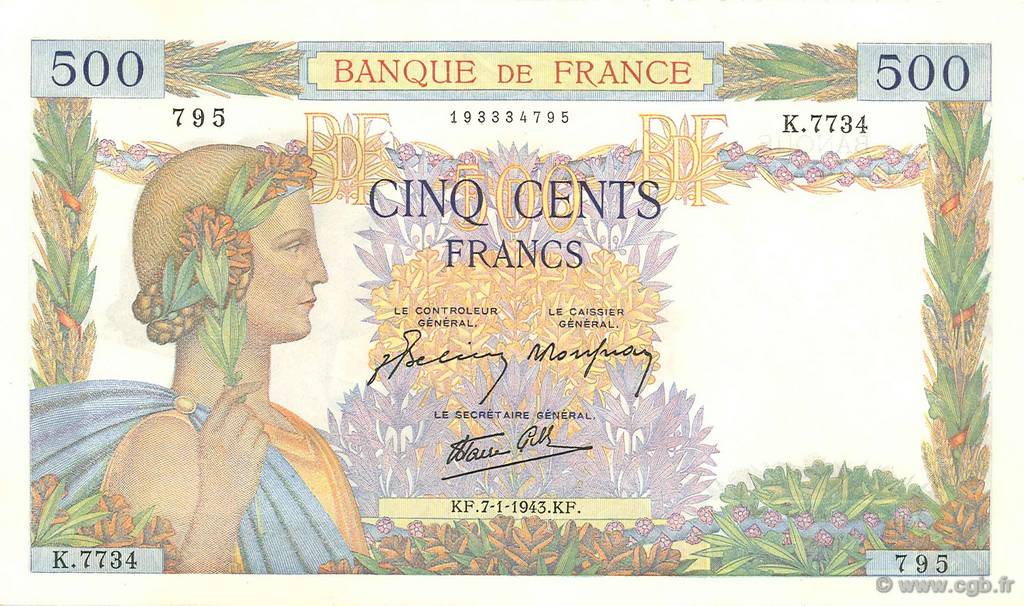 500 Francs LA PAIX FRANKREICH  1943 F.32.44 fST+