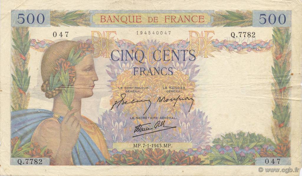 500 Francs LA PAIX FRANCIA  1943 F.32.44 MB a BB