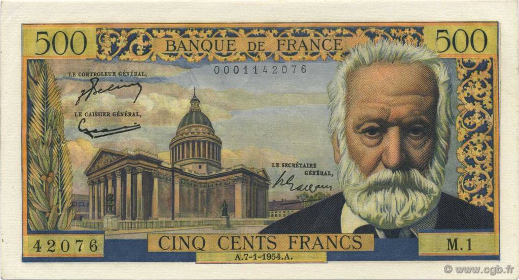 500 Francs VICTOR HUGO FRANCE  1954 F.35.01 AU-