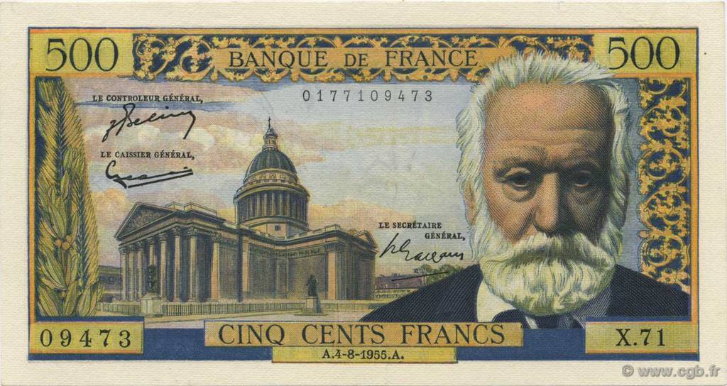 500 Francs VICTOR HUGO FRANCE  1955 F.35.05 AU+