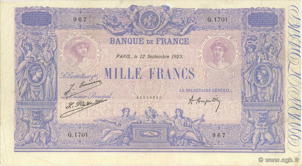1000 Francs BLEU ET ROSE FRANCIA  1923 F.36.39 BB