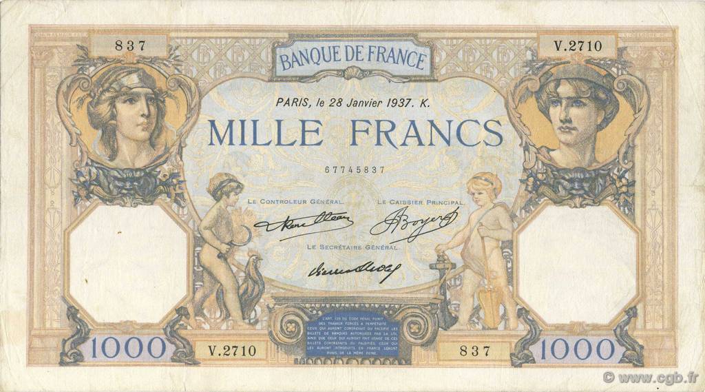 1000 Francs CÉRÈS ET MERCURE FRANCIA  1937 F.37.10 q.MB