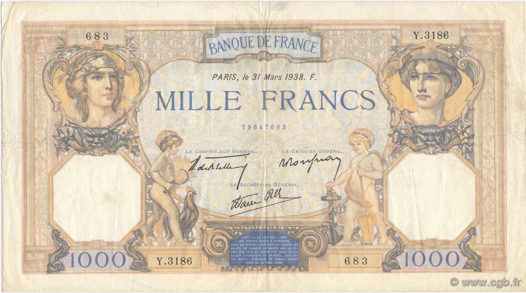 1000 Francs CÉRÈS ET MERCURE type modifié FRANCIA  1938 F.38.10 MBC