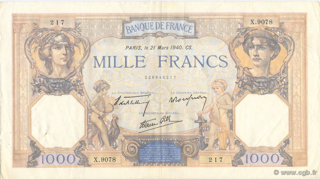 1000 Francs CÉRÈS ET MERCURE type modifié FRANCIA  1940 F.38.44 MBC+