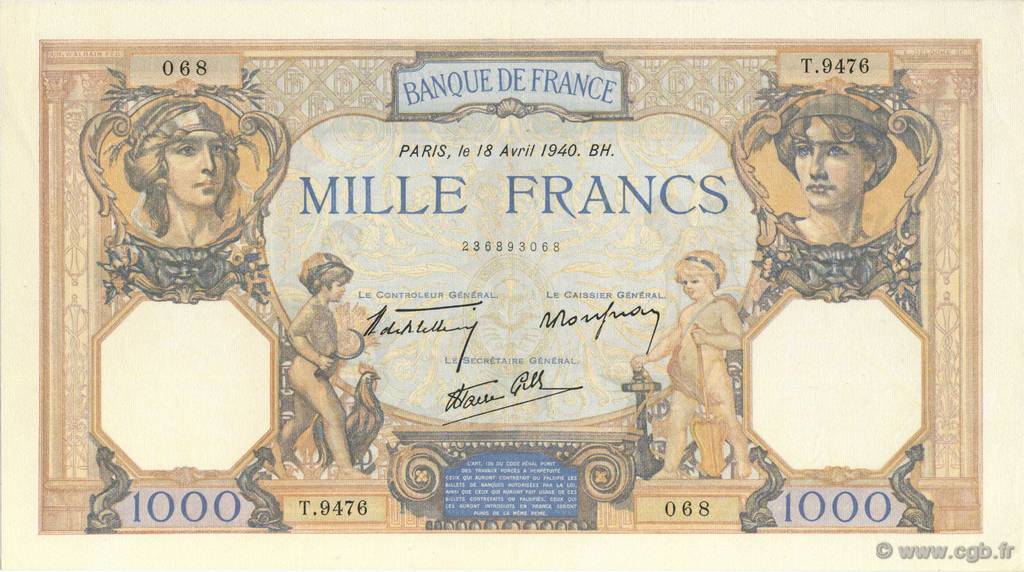 1000 Francs CÉRÈS ET MERCURE type modifié FRANCIA  1940 F.38.46 AU+