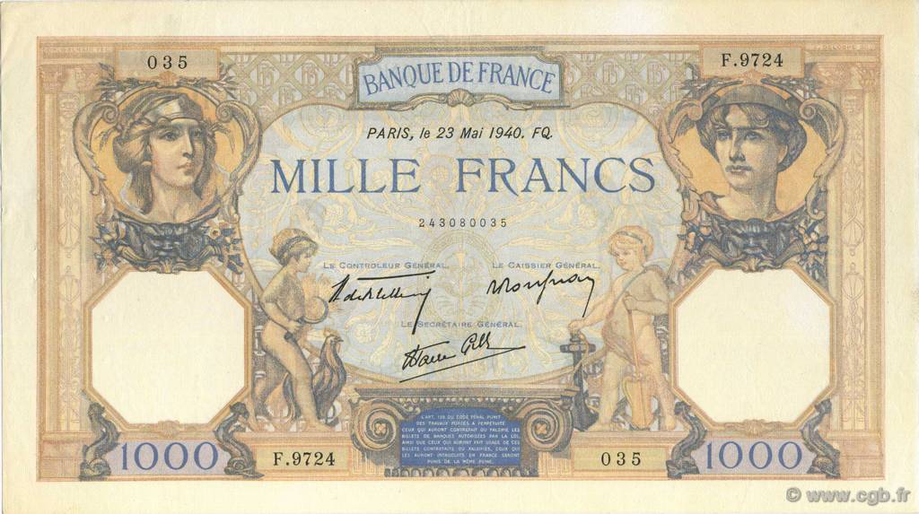 1000 Francs CÉRÈS ET MERCURE type modifié FRANKREICH  1940 F.38.47 VZ