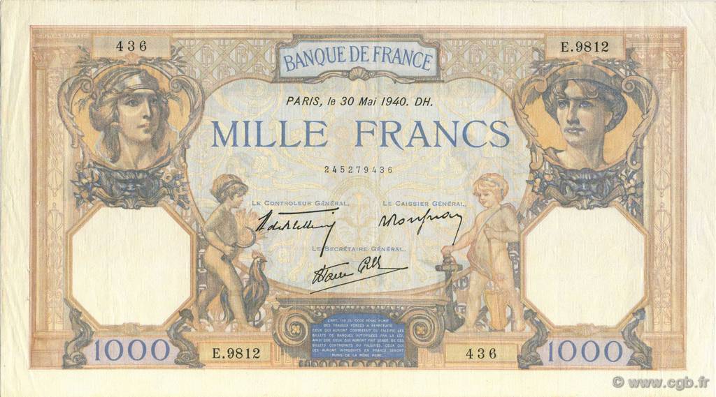 1000 Francs CÉRÈS ET MERCURE type modifié FRANCIA  1940 F.38.48 EBC