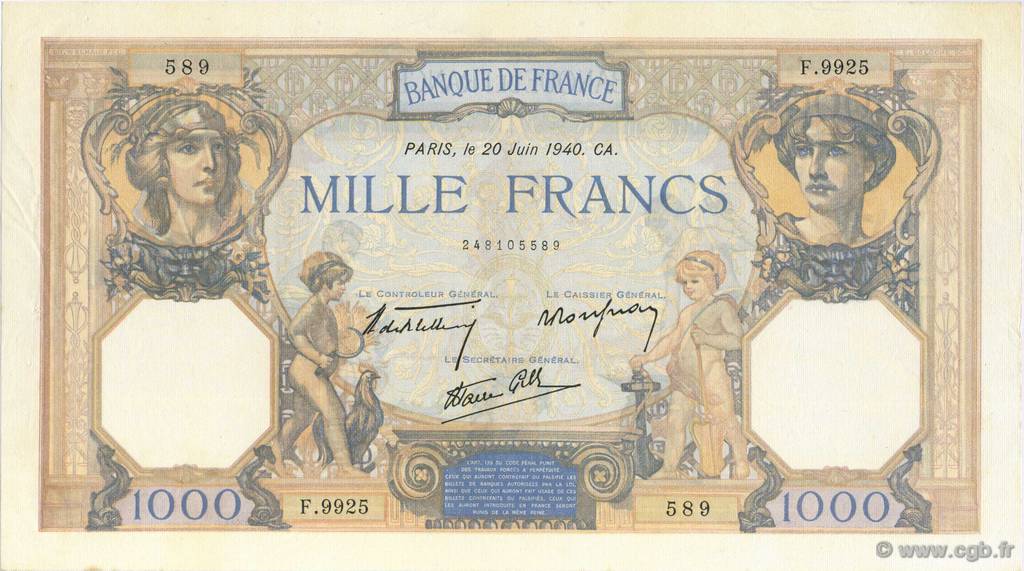 1000 Francs CÉRÈS ET MERCURE type modifié FRANKREICH  1940 F.38.49 VZ+