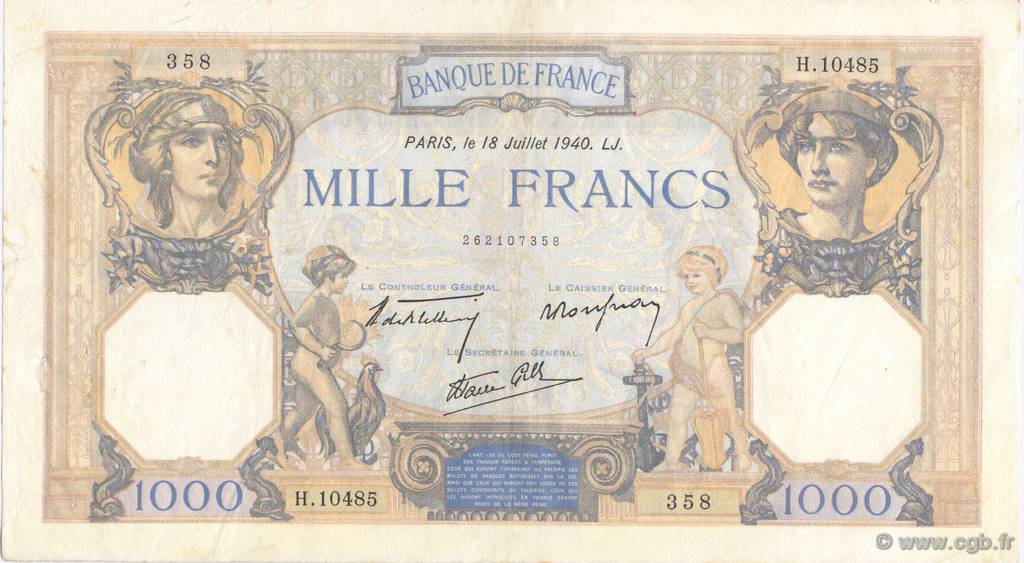 1000 Francs CÉRÈS ET MERCURE type modifié FRANKREICH  1940 F.38.50 SS