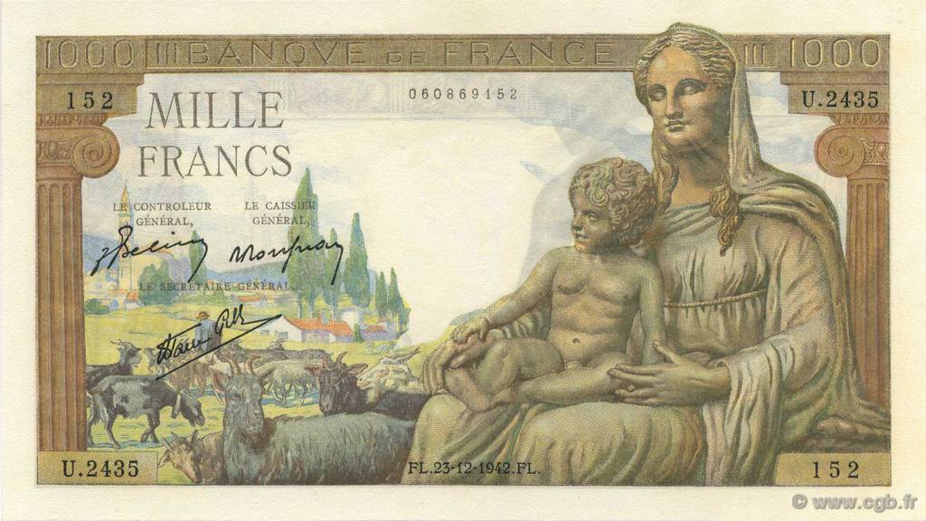 1000 Francs DÉESSE DÉMÉTER FRANKREICH  1942 F.40.14 ST