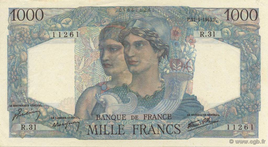 1000 Francs MINERVE ET HERCULE FRANCIA  1945 F.41.03 AU
