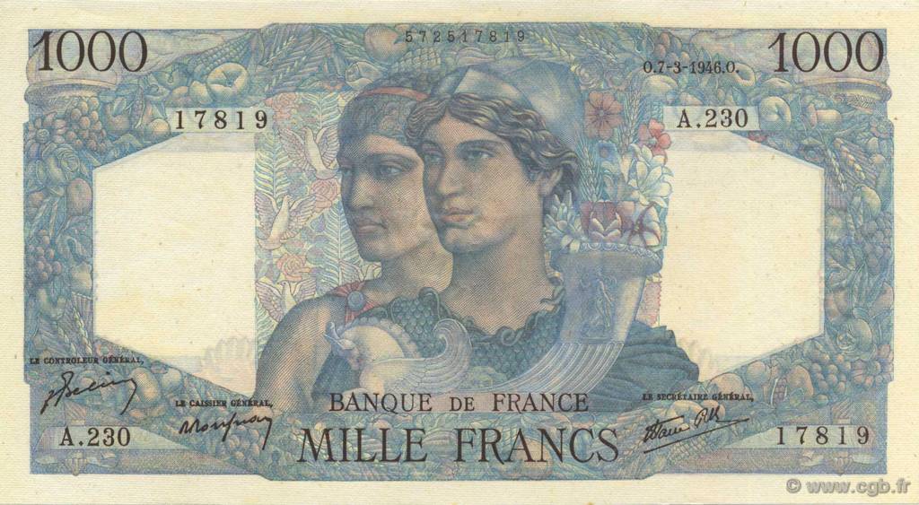 1000 Francs MINERVE ET HERCULE FRANCE  1946 F.41.12 SPL