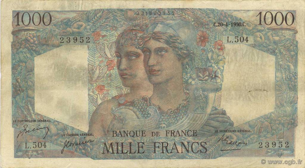 1000 Francs MINERVE ET HERCULE FRANKREICH  1950 F.41.32 fVZ