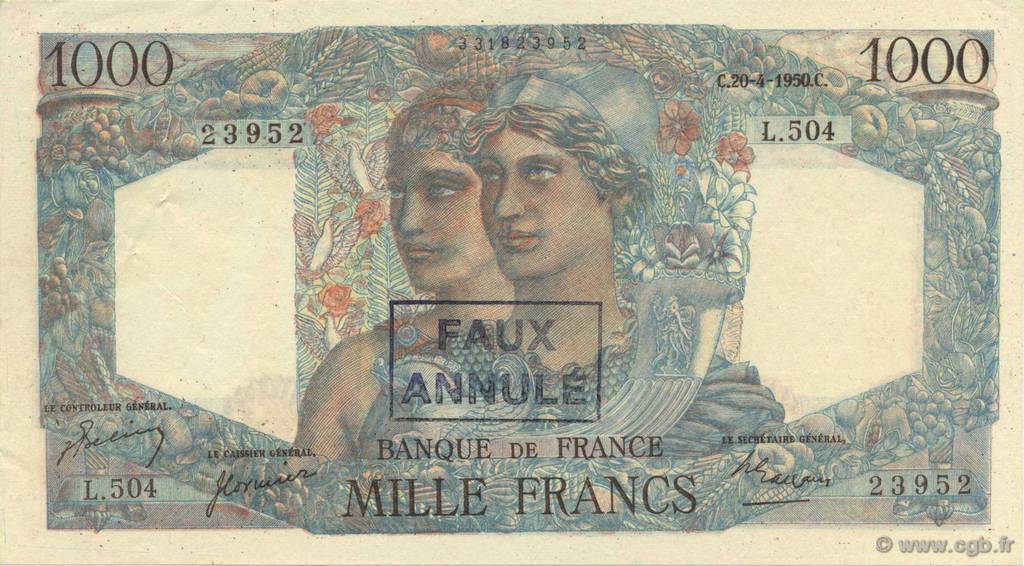 1000 Francs MINERVE ET HERCULE FRANKREICH  1950 F.41.32 fST