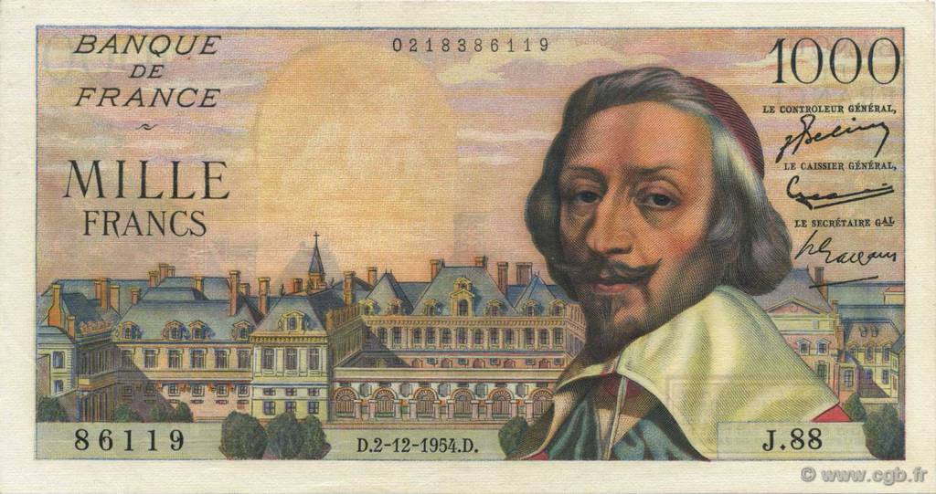 1000 Francs RICHELIEU FRANCE  1954 F.42.09 AU