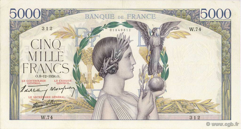 5000 Francs VICTOIRE Impression à plat FRANCE  1938 F.46.01 VF+