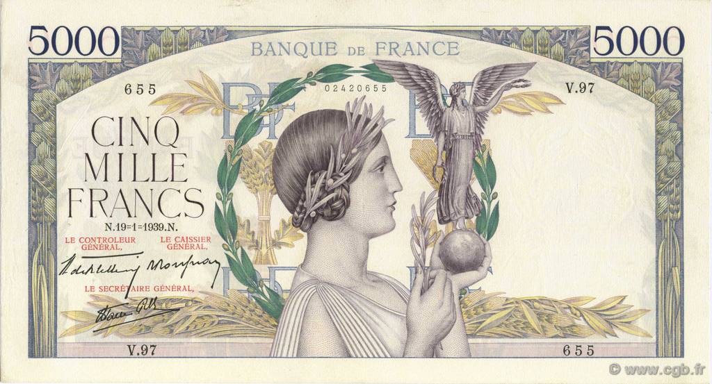 5000 Francs VICTOIRE Impression à plat FRANKREICH  1939 F.46.02 fVZ