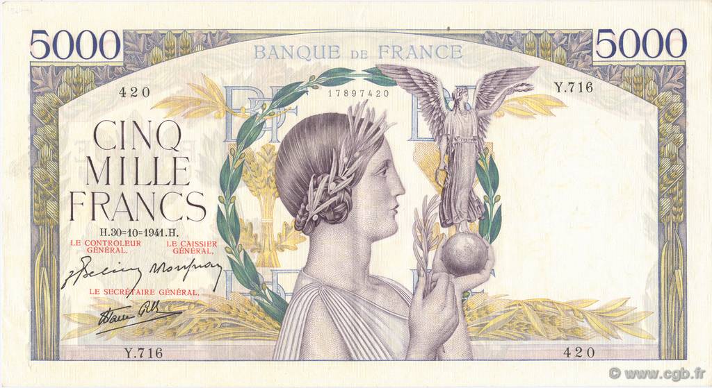 5000 Francs VICTOIRE Impression à plat FRANCIA  1941 F.46.28 EBC+