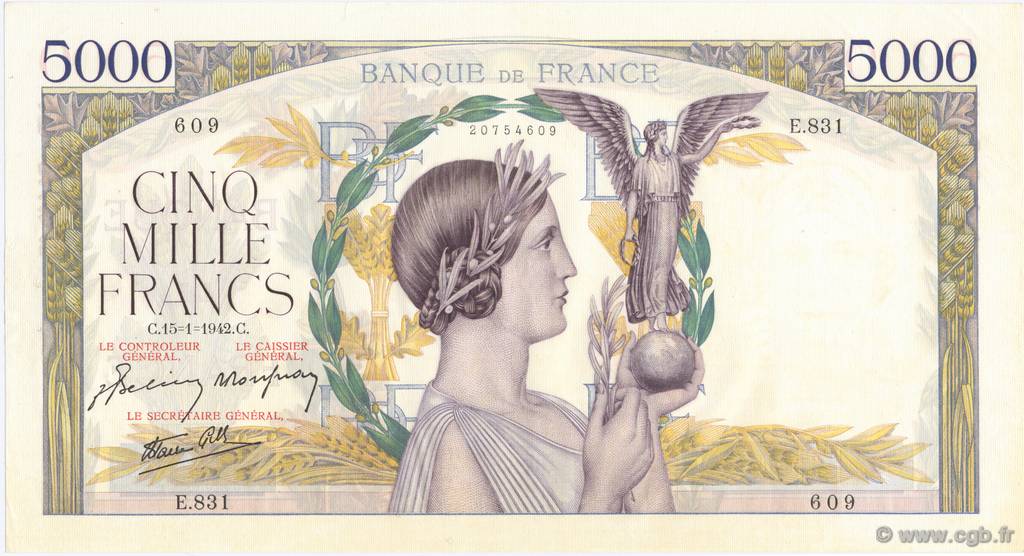 5000 Francs VICTOIRE Impression à plat FRANCE  1942 F.46.33 AU-