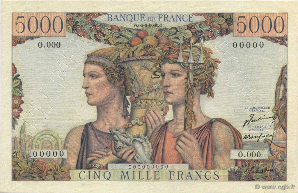 5000 Francs TERRE ET MER FRANKREICH  1949 F.48.01Sp fST