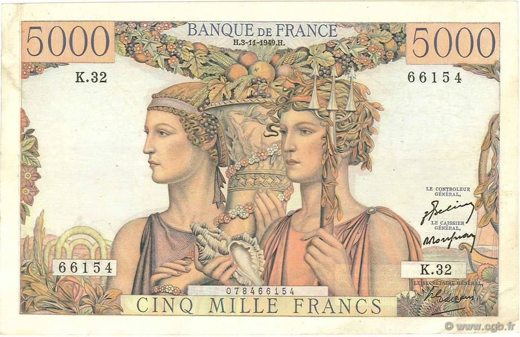 5000 Francs TERRE ET MER FRANCIA  1949 F.48.02 MBC a EBC