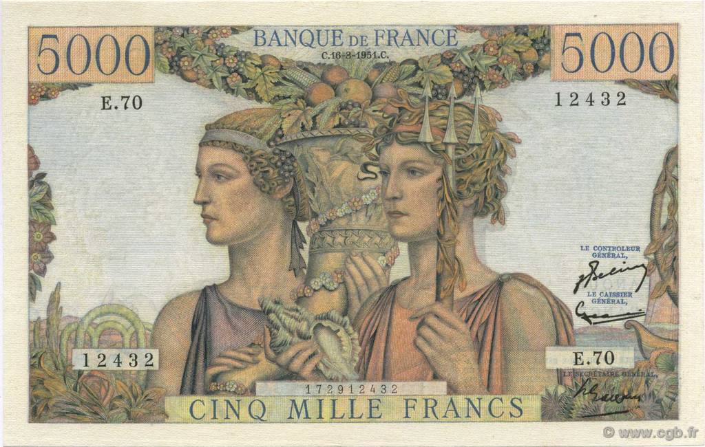 5000 Francs TERRE ET MER FRANCE  1951 F.48.05 AU+
