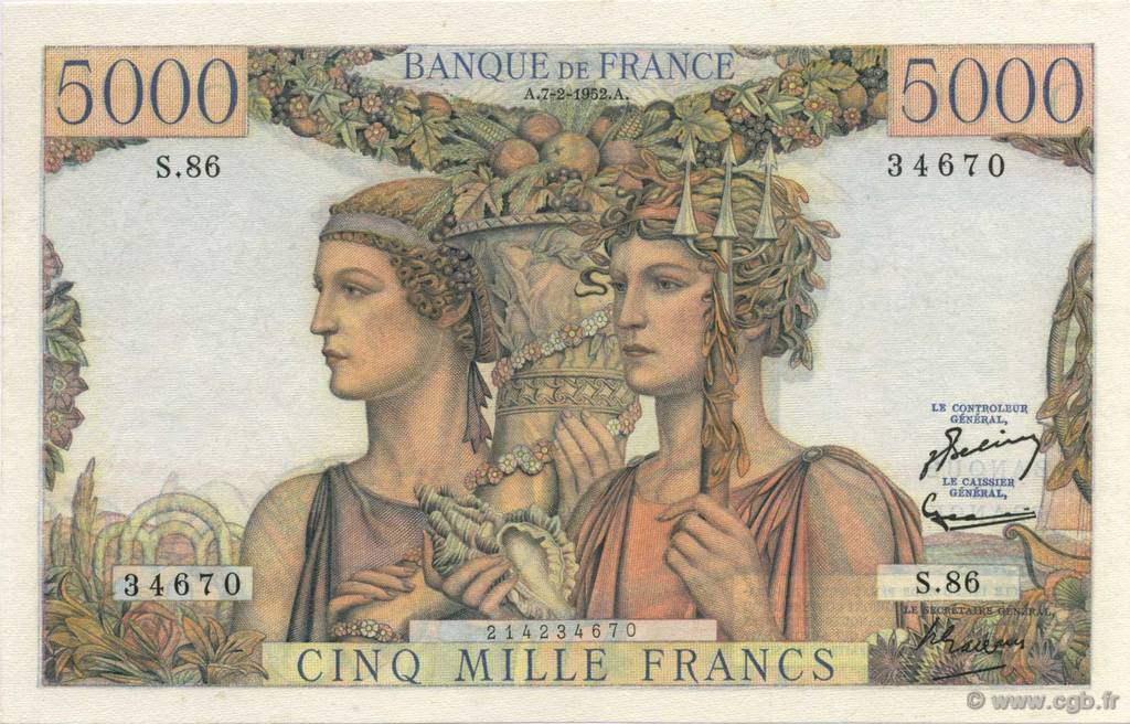 5000 Francs TERRE ET MER FRANKREICH  1952 F.48.06 VZ to fST