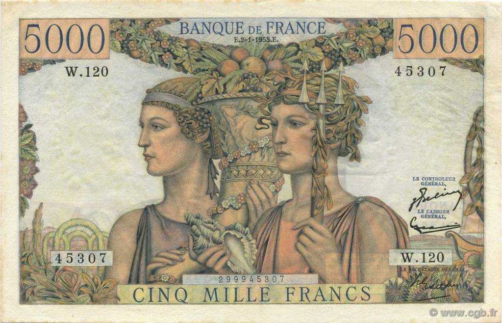 5000 Francs TERRE ET MER FRANCE  1953 F.48.08 XF - AU