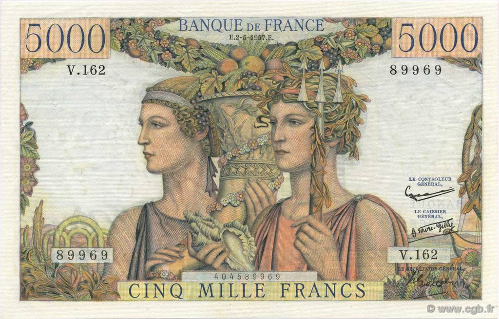 5000 Francs TERRE ET MER FRANKREICH  1957 F.48.14 VZ to fST