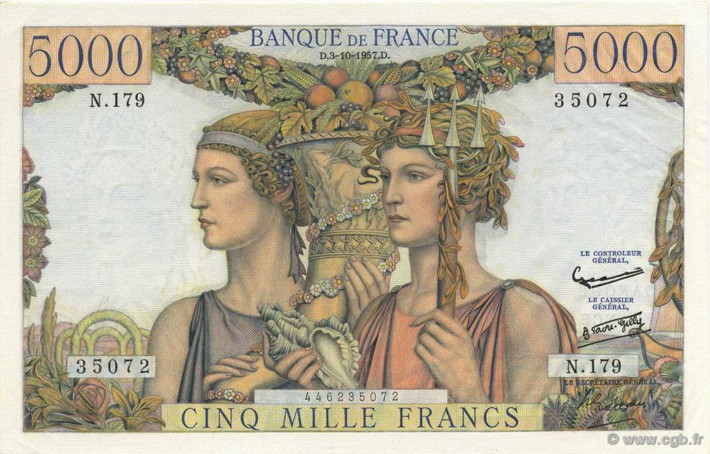 5000 Francs TERRE ET MER FRANKREICH  1957 F.48.17 fST+