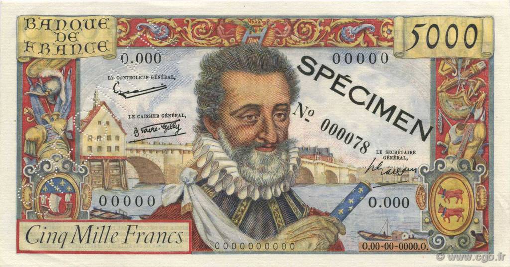 5000 Francs HENRI IV FRANCE  1957 F.49.01Spn AU