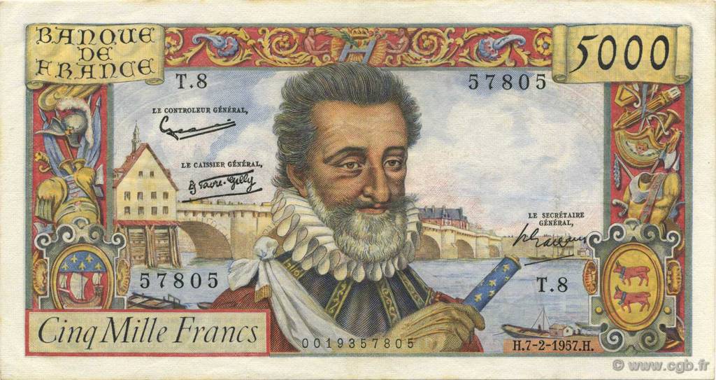 5000 Francs HENRI IV FRANCE  1957 F.49.01 XF+