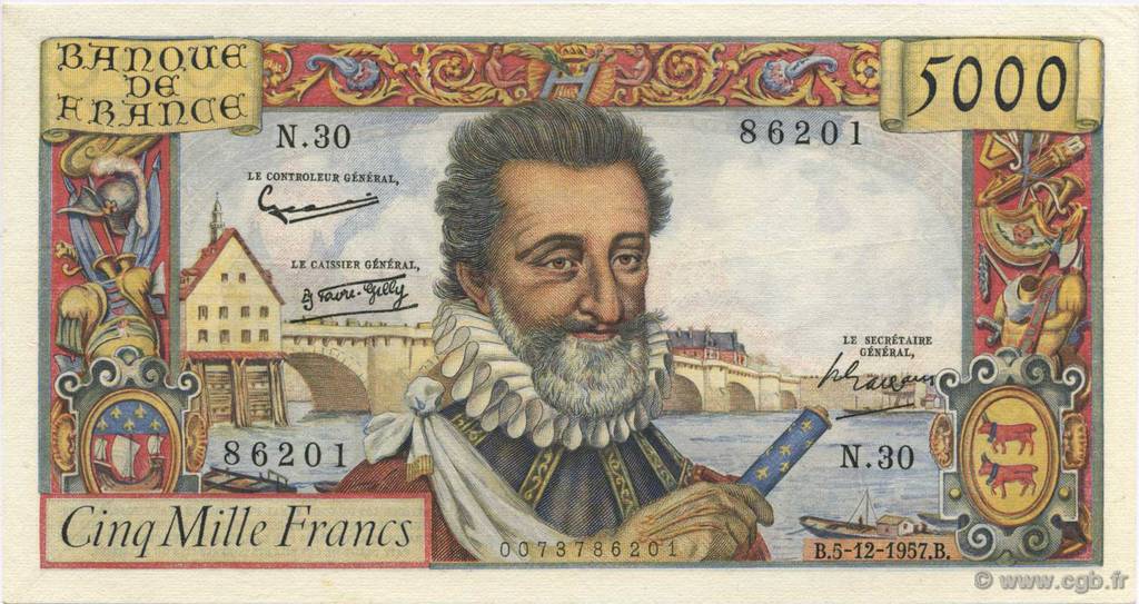 5000 Francs HENRI IV FRANCE  1957 F.49.04 XF