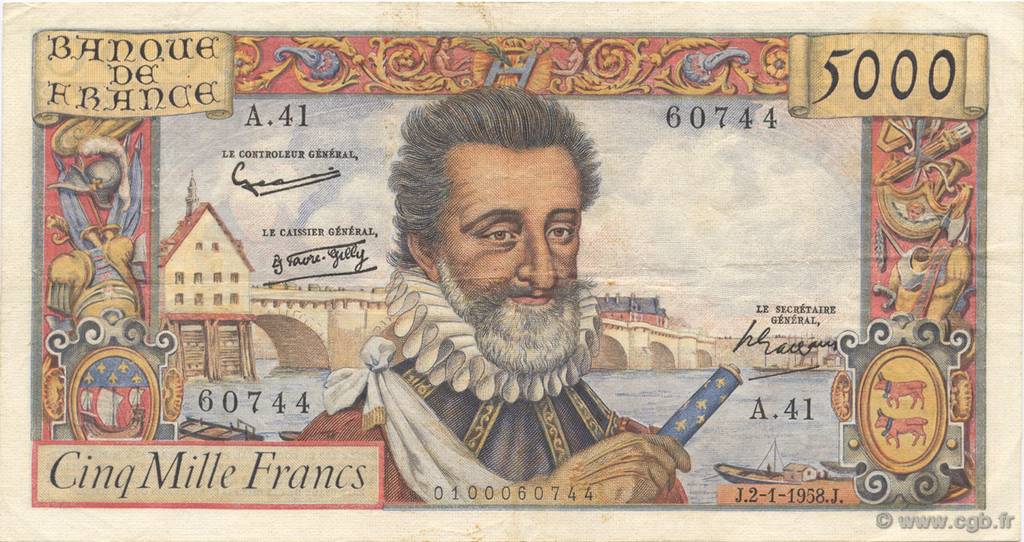 5000 Francs HENRI IV FRANCIA  1958 F.49.05 MBC