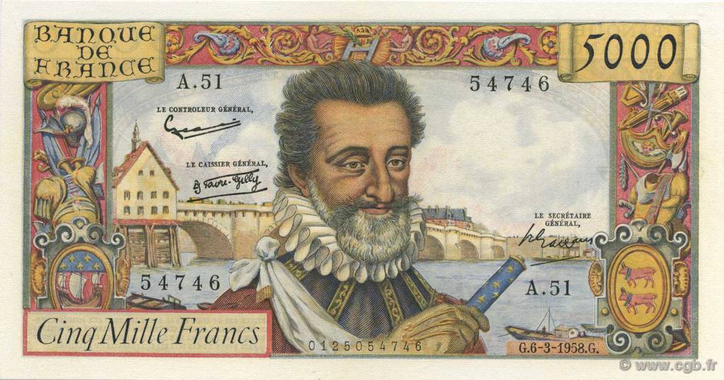 5000 Francs HENRI IV FRANCIA  1958 F.49.06 SPL+