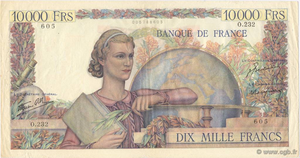 10000 Francs GÉNIE FRANÇAIS FRANKREICH  1946 F.50.10 fVZ