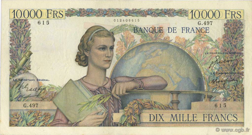 10000 Francs GÉNIE FRANÇAIS FRANCIA  1949 F.50.21 q.BB