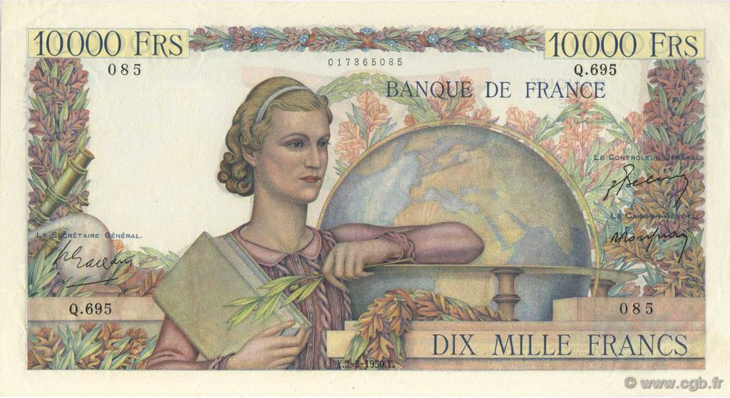 10000 Francs GÉNIE FRANÇAIS FRANCE  1950 F.50.29 XF+