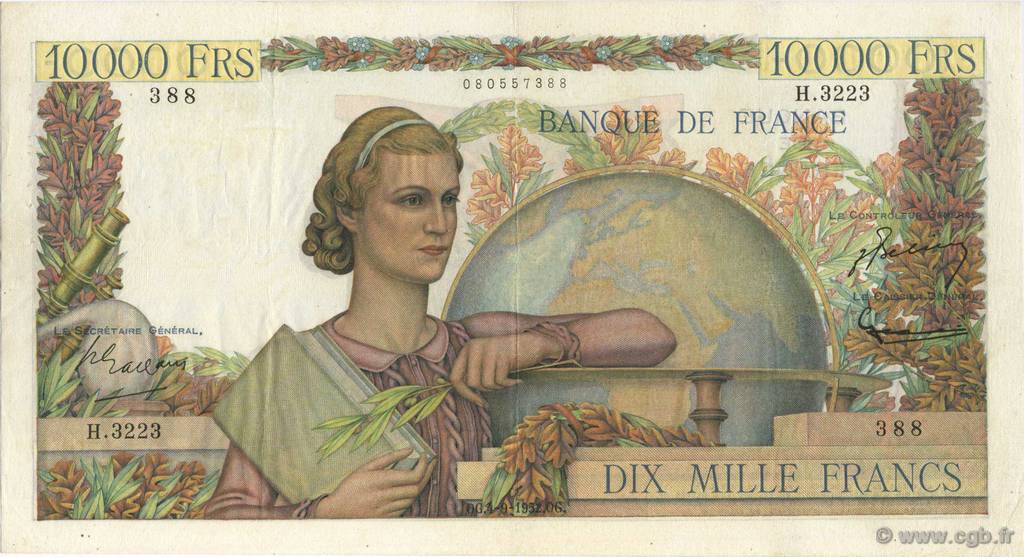 10000 Francs GÉNIE FRANÇAIS FRANCE  1952 F.50.60 VF+