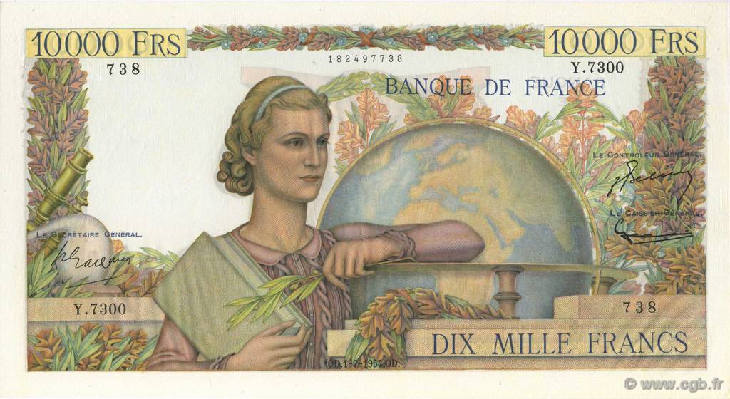 10000 Francs GÉNIE FRANÇAIS FRANCIA  1954 F.50.71 SPL a AU