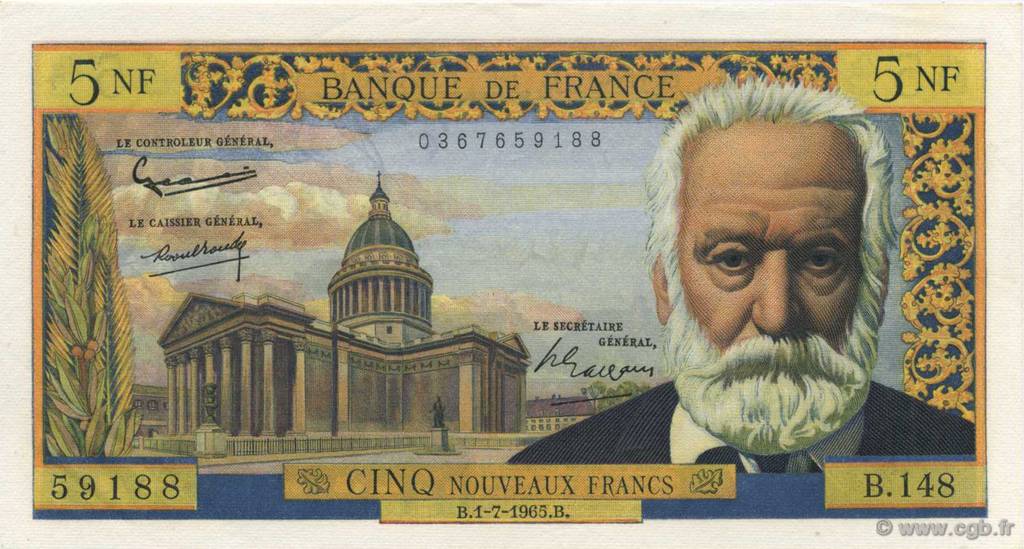 5 Nouveaux Francs VICTOR HUGO FRANCE  1965 F.56.19 AU