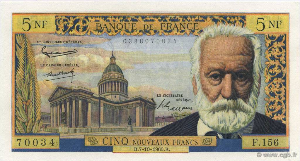 5 Nouveaux Francs VICTOR HUGO FRANCE  1965 F.56.20 AU