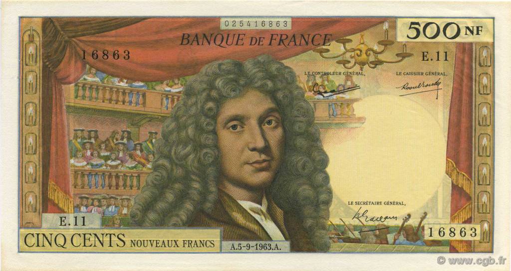 500 Nouveaux Francs MOLIÈRE FRANCE  1963 F.60.05 AU-