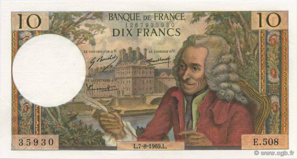 10 Francs VOLTAIRE FRANCE  1969 F.62.39 AU+