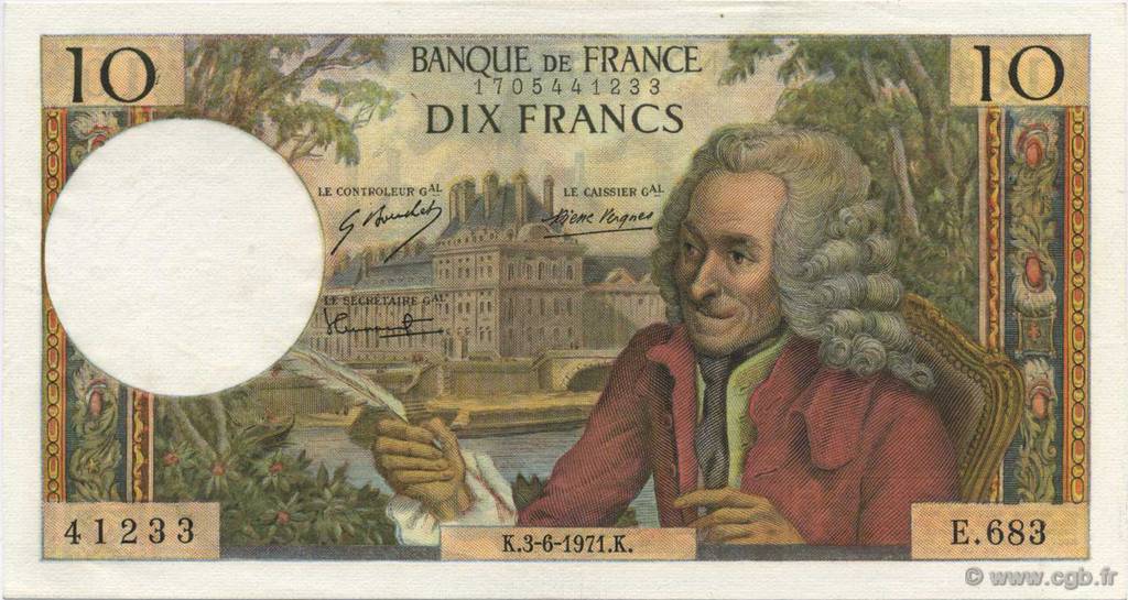 10 Francs VOLTAIRE FRANKREICH  1971 F.62.50 fST