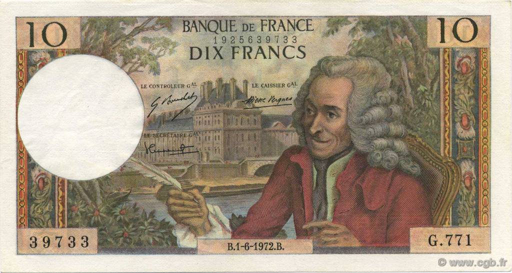 10 Francs VOLTAIRE FRANCE  1972 F.62.56 AU+