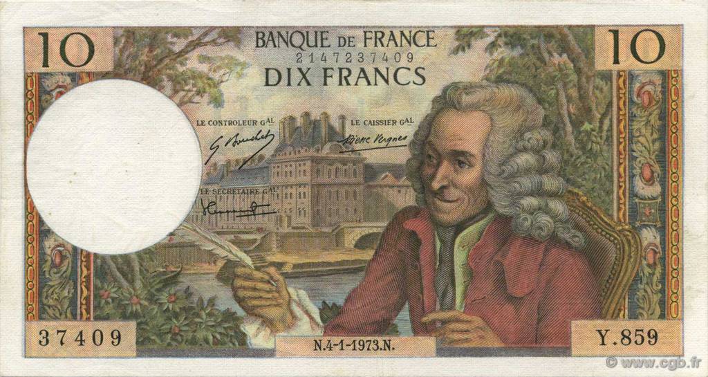 10 Francs VOLTAIRE FRANCE  1973 F.62.60 XF